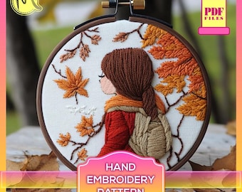 Patrón de bordado a mano "Niña de otoño" – Escena natural con hojas de otoño (Patrón en PDF)