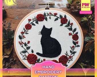 Black Cat Embroidery Pattern – Floral Wreath Hoop Art (PDF Pattern)