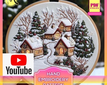Holiday Village Christmas Embroidery Pattern – Festive Winter Scene with DMC Color Chart. Digital Pattern PDF. Christmas decoration. DIY.