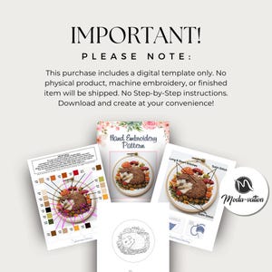 May include: A digital embroidery pattern for a hedgehog with mushrooms and leaves. The pattern includes instructions for long and short stitches, satin stitch, and French knots. The pattern is available for download and includes a color chart.