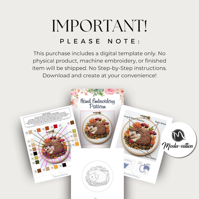May include: A digital embroidery pattern for a hedgehog with mushrooms and leaves. The pattern includes instructions for long and short stitches, satin stitch, and French knots. The pattern is available for download and includes a color chart.