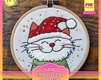 Christmas Cat Embroidery Pattern, Holiday DIY (PDF Pattern)