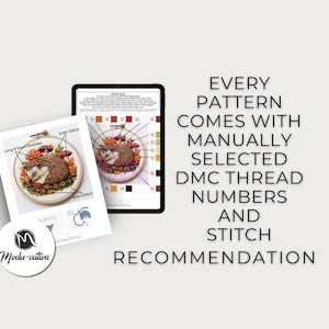 May include: A digital embroidery pattern for a hedgehog with mushrooms and flowers. The pattern includes a color chart with DMC thread numbers and stitch recommendations.
