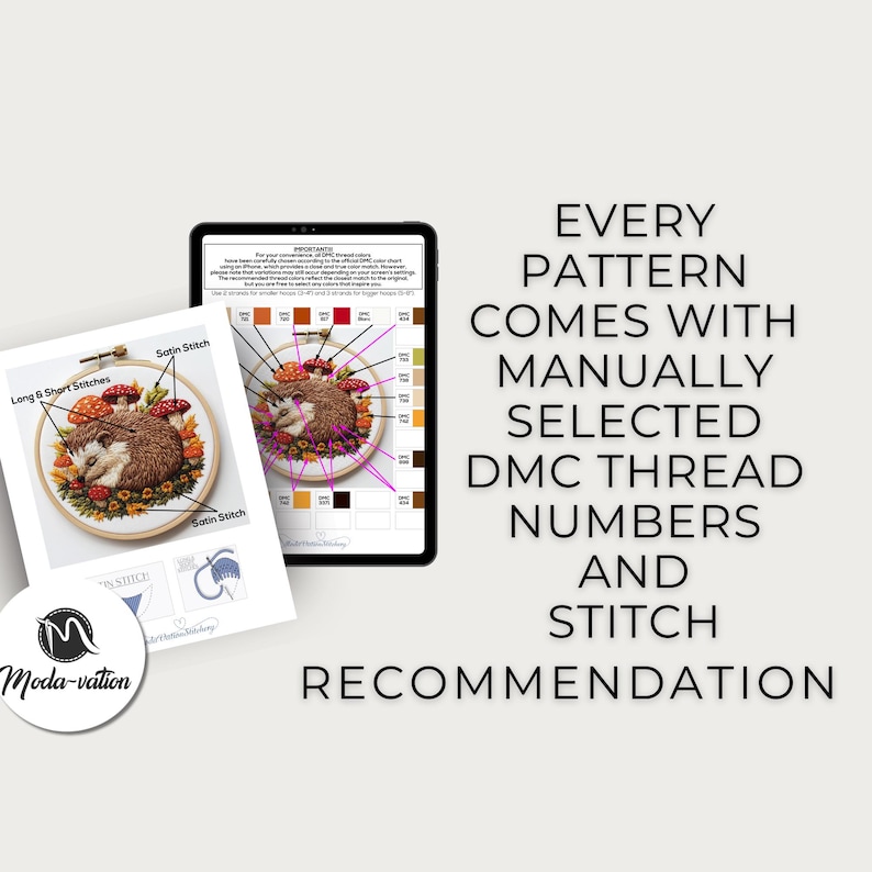 May include: A digital embroidery pattern for a hedgehog with mushrooms and flowers. The pattern includes a color chart with DMC thread numbers and stitch recommendations.