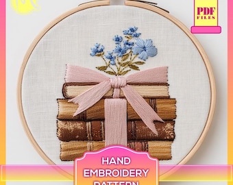 Books with Flowers Embroidery Pattern - Book Lover Gift (Digital Pattern PDF)