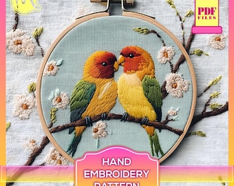 Lovebirds Embroidery Pattern – Romantic Birds on Branch (PDF Pattern)