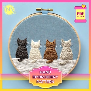 Four Cats Watching the World Together Embroidery Pattern – Minimalistic Feline Design for Cat Lovers. Digital Pattern PDF.