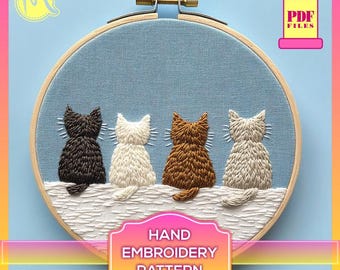 Four Cats Embroidery Pattern – Minimalist Feline Design (Digital Pattern PDF)