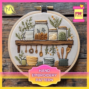 Padrão de bordado de prateleira de cozinha com vasos e plantas 3 – Design aconchegante de ponto cetim. Modelo de bordado. PDF de padrão digital.