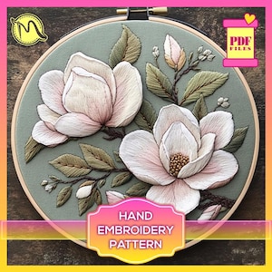 マグノリアの刺繍パターン - サテンステッチのエレガントな花のモチーフの PDF 手刺繍デザイン。DIY。花のデザイン。