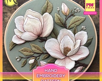 Magnolia Embroidery Pattern – PDF Hand Embroidery Design with Elegant Floral Motif in Satin Stitch. DIY. Floral Designs.
