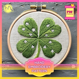St. Patrick’s Day. Lucky Four-Leaf Clover Embroidery. Embroidery template. Digital Pattern PDF.