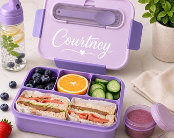 Fiambrera infantil personalizada de color lavanda, recipiente para el almuerzo con nombre personalizado, ideal para preparar la comida escolar.