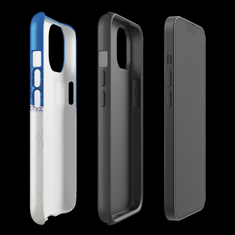 May include: A phone case with a white and blue design. The case has a blue border and a white background with a blue and white pattern. The case is shown from three different angles.