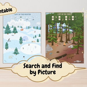 Peut inclure: Deux feuilles de jeu imprimables I Spy. La première feuille présente une scène d'hiver avec un ours polaire, des pingouins et un bonhomme de neige. La deuxième feuille présente une scène de forêt avec un ours, un cerf et un feu de camp. Les deux feuilles ont une liste d'objets à trouver.