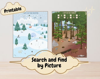 Kids Activities I Spy Search and Find by Picture, Forest and Winter Theme, Preschool Montessori Learning, Travel Worksheet Party Puzzle Game