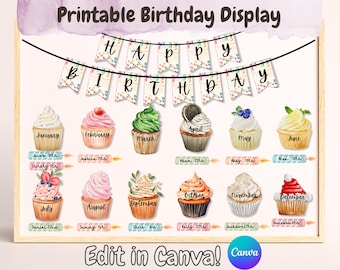 Editable Boho Classroom Birthday Board, Classroom Birthday Display, School Birthday Wall, Cupcake Bulletin Board Kit Template, Spanish Class