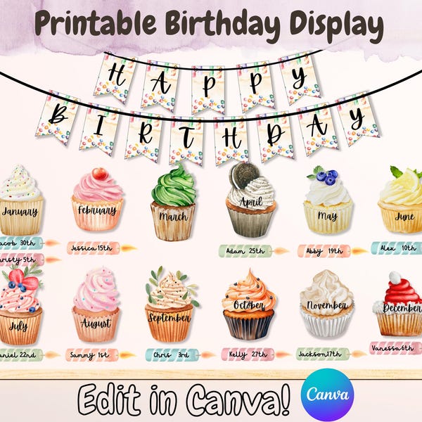 Tablero de cumpleaños bohemio editable para el aula, exhibición de cumpleaños para el aula, pared de cumpleaños para la escuela, plantilla de kit de tablero de anuncios de cupcakes, clase de español