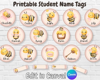 Editable Bumble Bee Classroom Name Tags, Spring Student Desk Label Template, Boho Cute Bee Cubby Tag, Canva DIY Labels for Classroom Desk