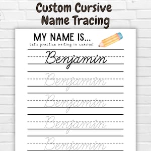 May include: A printable worksheet for practicing cursive handwriting. The worksheet has the name "Benjamin" written in cursive at the top and five lines for tracing the name in cursive.