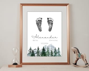 Forest Baby Footprint Art, Personalized Birth Stat Footprint, Woodland Nursery Wall Art, Editable Newborn Gift Keepsake, Birth Announcement