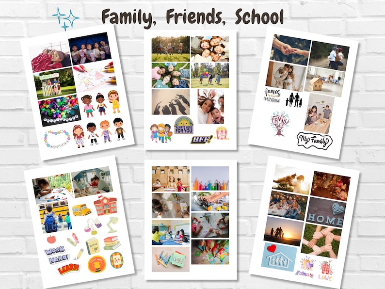 May include: A collage of images depicting family, friends, and school. The images include children playing, families together, and students in a classroom. The text "Family, Friends, School" is at the top of the collage.