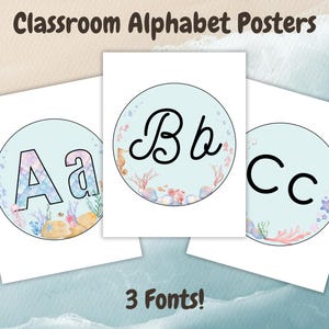 Ocean Classroom Decor, Alphabet Bulletin Board, ABC Poster Classroom, Classroom Alphabet Posters, Uppercase and Lowercase Alphabet, Cursive