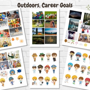 K&ouml;nnte beinhalten: Eine Collage von Bildern, die Outdoor-Aktivit&auml;ten und Karriereziele darstellen. Die obere Reihe zeigt eine Gruppe von Kindern, die im Freien spielen, ein Zelt in einem Wald und eine Person, die durch einen Wald geht. Die mittlere Reihe zeigt eine Gruppe von Kindern, die auf einem Spielplatz spielen, eine Gruppe von Kindern, die in einem Wald spielen, und eine Gruppe von Kindern, die in einem Wald spielen. Die untere Reihe zeigt eine Gruppe von Kindern, die in einem Wald spielen, eine Gruppe von Kindern, die in einem Wald spielen, und eine Gruppe von Kindern, die in einem Wald spielen. Die rechte Seite der Collage zeigt eine Gruppe von Comicfiguren, die verschiedene Berufe repr&auml;sentieren.