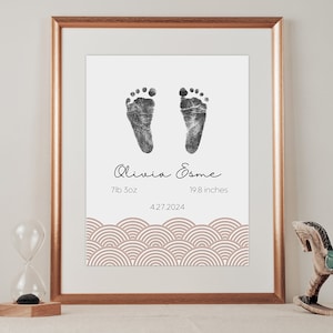 Art personnalisé de l'empreinte de pas de bébé, empreinte de stats de naissance de nouveau-né, art mural bohème de chambre de bébé, souvenir modifiable de nouveau-né, bricolage souvenir de bébé