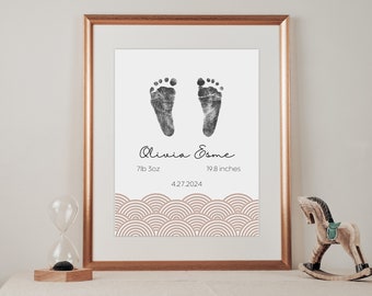Personalized Baby Footprint Art, Newborn Birth Stats Footprint, Boho Nursery Wall Art, Editable Newborn Keepsake, DIY Baby Keepsake Craft