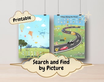 Kids Activities I Spy Search and Find by Picture, Outdoors Sky and Road Theme, Preschool Montessori Learning, On the Go, Party Activity
