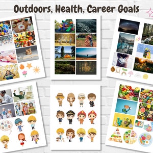 May include: A collage of images representing the themes of outdoors, health, and career goals. The images include a variety of nature scenes, healthy food, and people in different professions.