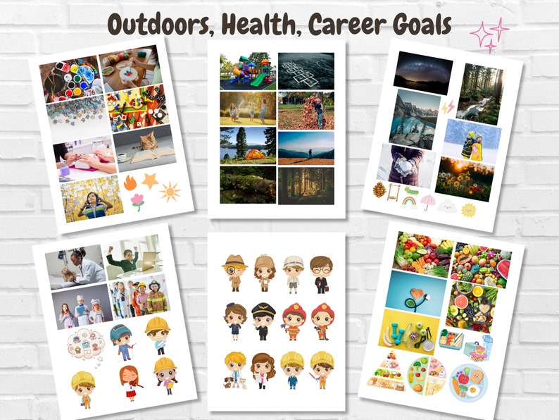 May include: A collage of images representing the themes of outdoors, health, and career goals. The images include a variety of nature scenes, healthy food, and people in different professions.