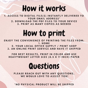 K&ouml;nnte beinhalten: Rosa-wei&szlig;es Grafik mit dem Text "How it works" und "How to print". Die Grafik erkl&auml;rt, wie man auf digitale Dateien zugreift und diese ausdruckt. Sie enth&auml;lt auch den Text "Questions" und "Bitte wenden Sie sich bei Fragen an uns, wir helfen Ihnen gerne weiter!" und "*KEIN PHYSIKALISCHES PRODUKT WIRD VERSANDT"