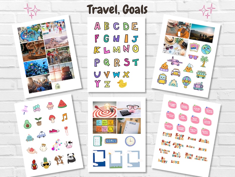 May include: A set of printable stickers featuring colorful illustrations of travel and goal-related themes. The stickers include images of airplanes, hot air balloons, a globe, a compass, a watermelon, a cupcake, a mushroom, a musical note, a car, a unicorn, a panda, a pineapple, a dog, a clock, a target, a notepad, and more. The stickers are perfect for adding a touch of personality to planners, journals, and other items.