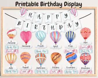 Kit de quadro de aniversário de balão de ar quente para sala de aula, display de sala de aula "O Céu é o Limite", quadro de aniversário colorido, kit de quadro de avisos de balão de ar quente