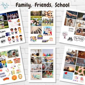 K&ouml;nnte beinhalten: Sechs Collagebl&auml;tter mit Bildern und Texten zum Thema Familie, Freunde und Schule. Die Bilder zeigen Kinder beim Spielen, Familien zusammen und Klassenzimmer. Der Text enth&auml;lt S&auml;tze wie "Family Everything", "My Family", "Work Hard", "BFF" und "Family Love".