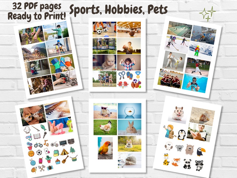 K&ouml;nnte beinhalten: Ein Satz von 32 druckbaren PDF-Seiten mit Bildern und Symbolen zu den Themen Sport, Hobbys und Haustiere. Die Seiten sind druckfertig und k&ouml;nnen f&uuml;r verschiedene Aktivit&auml;ten verwendet werden.