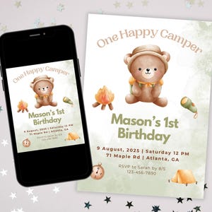 Happy Camper 1st Birthday, One Happy Camper Mobile Digital Birthday Invite, Boy Birthday Invitation Template, Summer Kids Camping Birthday