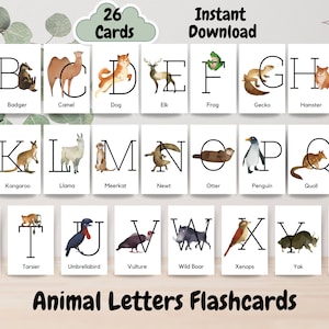 Animal Letters Flashcards, Alphabet Cards, Printable Toddler Flash Cards, Cute Montessori Nomenclature Cards, Animal Alphabet Cards