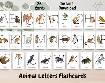 Animal Letters Flashcards, Alphabet Cards, Printable Toddler Flash Cards, Cute Montessori Nomenclature Cards, Animal Alphabet Cards