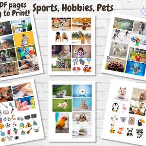 May include: A set of 30 printable PDF pages featuring images and illustrations related to sports, hobbies, and pets. The images include children playing sports, people engaging in hobbies like playing music and gardening, and various pets like cats, dogs, and birds.