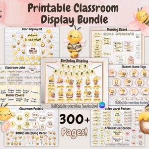 May include: A collection of printable classroom display materials with a bee theme. Includes door display kits, morning boards, classroom jobs, birthday displays, student name tags, and affirmation stations. The bundle includes over 300 pages of educational resources.