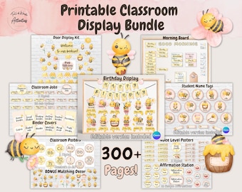 Bumble Bee Classroom Decor Bundle, Spring Birthday Board, Door Display Kit, Editable Posters, Complete Bee Theme Decoration, Morning Routine