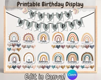 May include: A framed printable birthday display with a banner that reads "Happy Birthday." Below are rainbow-shaped graphics for each month, with names and dates. The text "Edit in Canva!" is also visible.