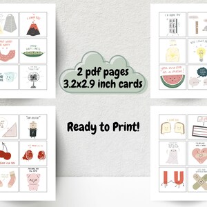 Op de afbeelding: Twee pagina's met printbare kaarten van 3,2 x 2,9 inch met schattige illustraties en woordspelingen. De kaarten bevatten zinnen als "I lava you", "You light me up" en "I cherry-ish you".