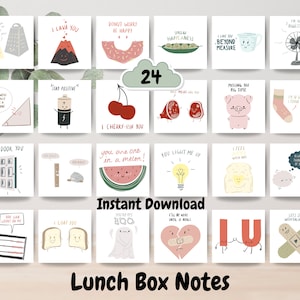 Puede incluir: Un conjunto de 24 notas para la lonchera imprimibles con ilustraciones y juegos de palabras lindos. Las notas están diseñadas para imprimirse en cartulina de 10x15 cm y recortarse. Las notas incluyen frases como "Te amo", "Me iluminas" y "Te quiero mucho".