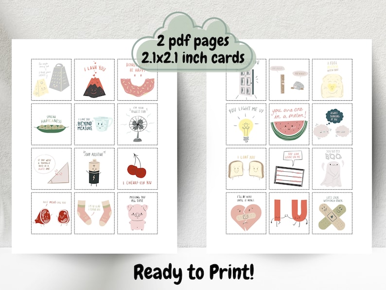 Op de afbeelding: Twee pagina's met printbare kaarten met schattige illustraties en woordspelingen. Elke kaart is 5,3 cm bij 5,3 cm. De kaarten bevatten zinnen als "Ik hou van je meer dan woorden kunnen zeggen", "Je maakt me blij" en "Je bent uniek als een meloen!"