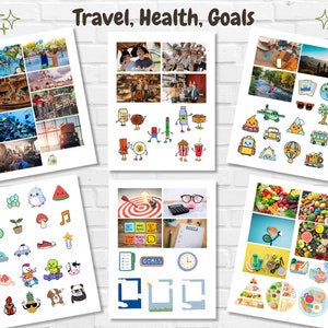 K&ouml;nnte beinhalten: Eine Collage aus Bildern mit den Worten "Reisen, Gesundheit, Ziele" oben. Die Collage enth&auml;lt Bilder von Reisezielen, gesundem Essen und Zielen.