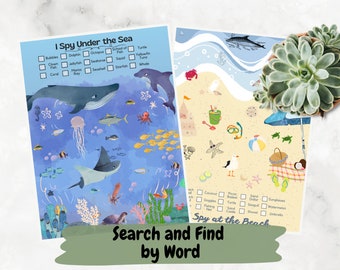 I Spy Search and Find by Word Worksheet, Summer Beach and Ocean Theme, Kindergarten Montessori Learning, On the Go, Fun Worksheet Activity